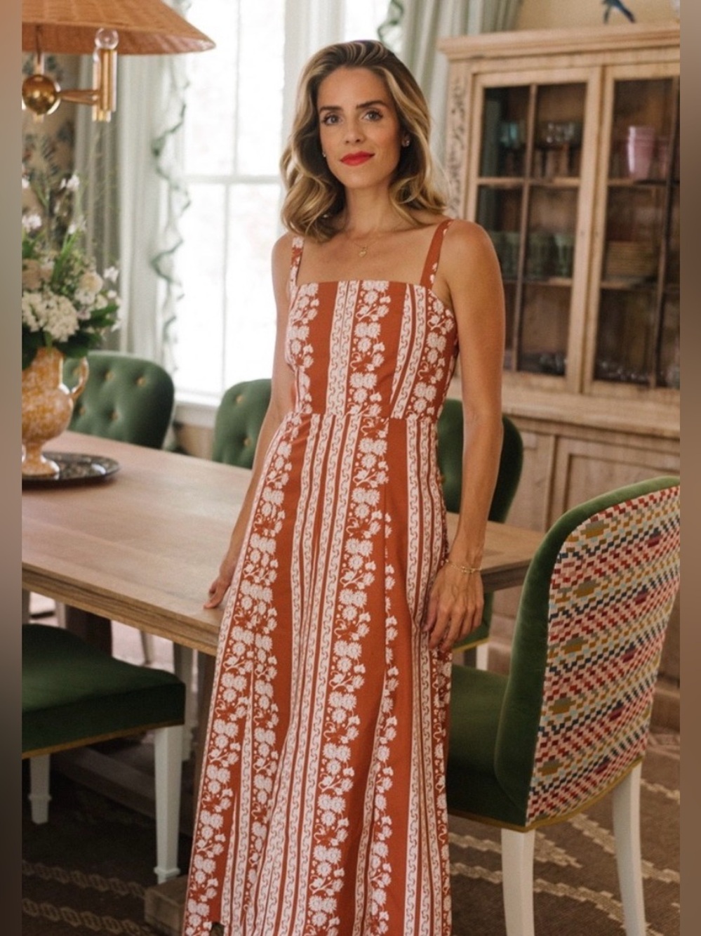 Women's Rust Orange Floral Maxi Dress with Straps